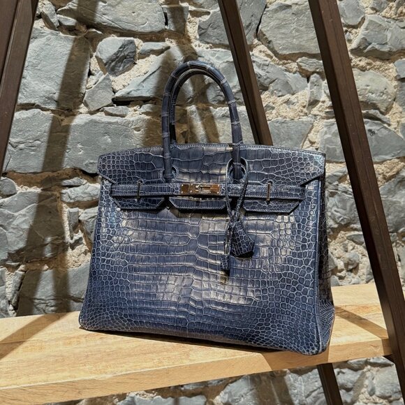Hermès 2010 Brighton Blue Shiny Porosus Crocodile Birkin 35 Bag - Picture 2 of 16